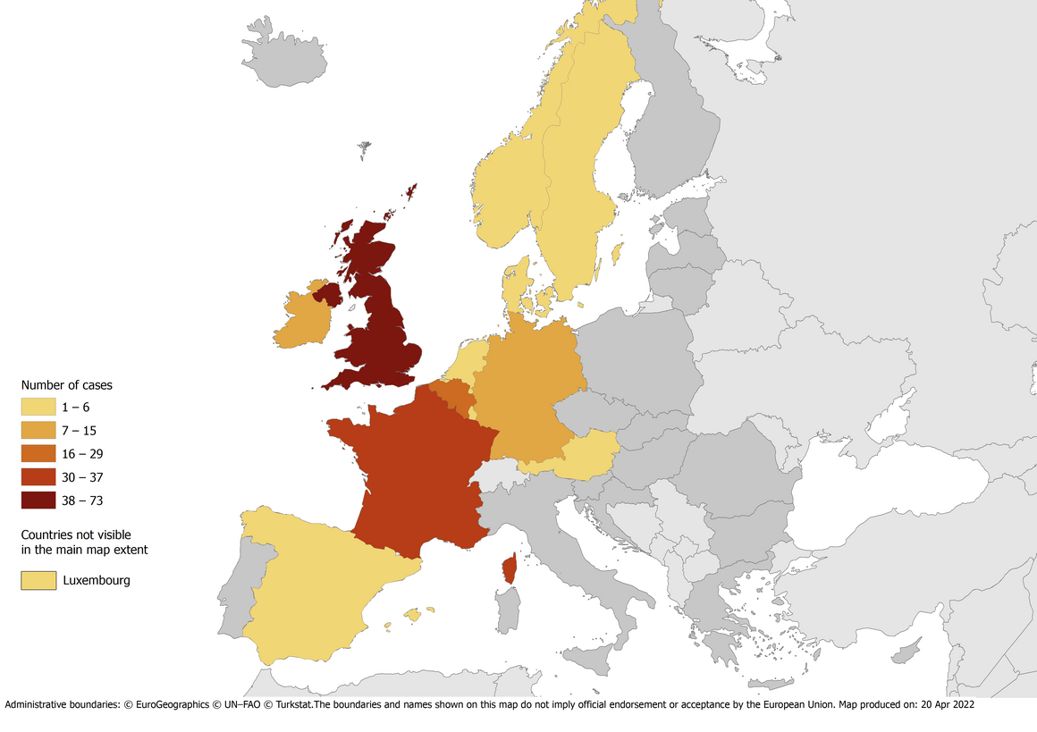 Number of confirmed and probable cases* with monophasic S. Typhimurium infection by country, EU/EEA and the UK, as of 19 April 2022